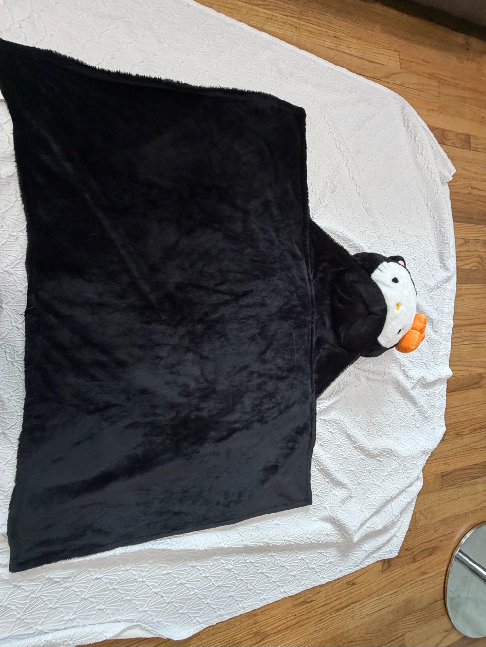 Hello Kitty Black Plush Hooded Costume Blanket with Orange Beak Accent